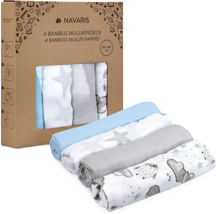 Muslindukar för baby – 4-pack blå/vit (80 x 80 cm)