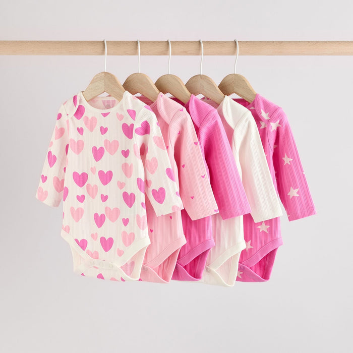 Rosa Hjärtat – 5-pack Långärmade Babybodys i 100% Bomull (0mån - 3 år)