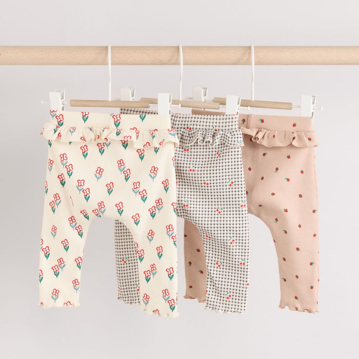 Kräm/Tan/Grå blommiga krusiduller– Baby Frill Leggings 3-Pack (0–24 månader)