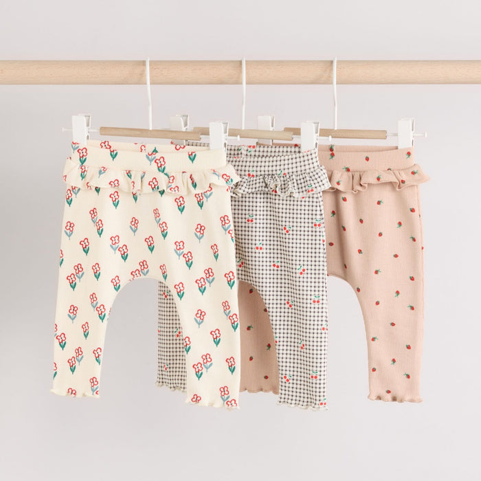 Kräm/Tan/Grå blommiga krusiduller– Baby Frill Leggings 3-Pack (0–24 månader)