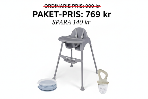 Bundle med barnstol, tallrik och matnapp