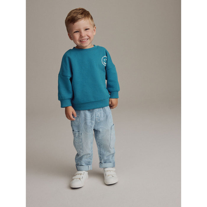 Smiley Blå - Cargo Jeans med Tryck (3 månader-7 år)