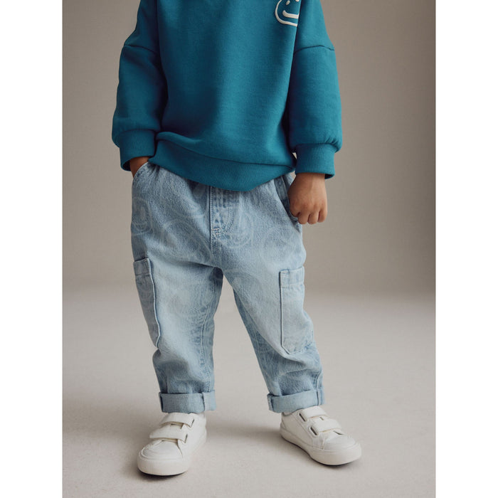 Smiley Blå - Cargo Jeans med Tryck (3 månader-7 år)