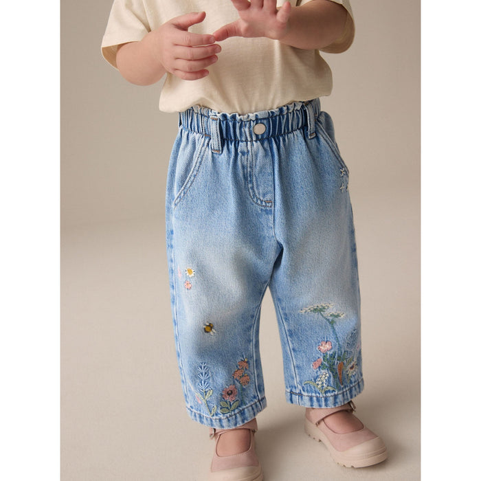 Blomsterdröm –  Barrel-Leg Jeans med Broderi (3månader-7år)