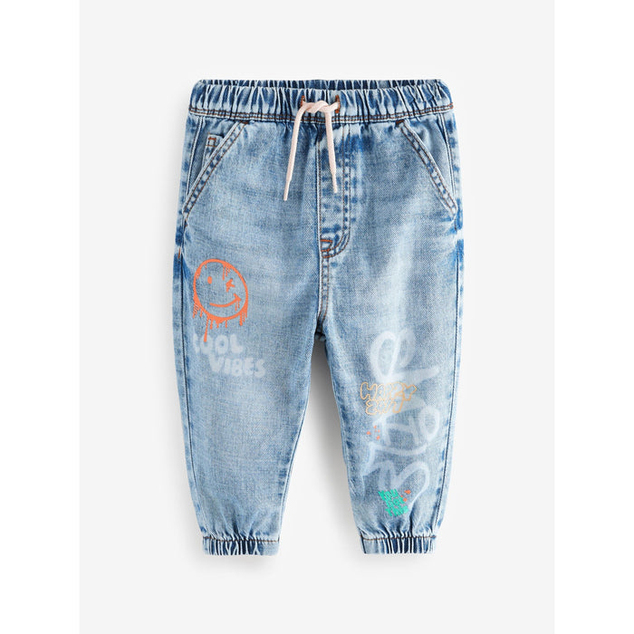 Pastellblå – 100% Bomullsjeans med Graffiti-Print (3 mån–7 år)