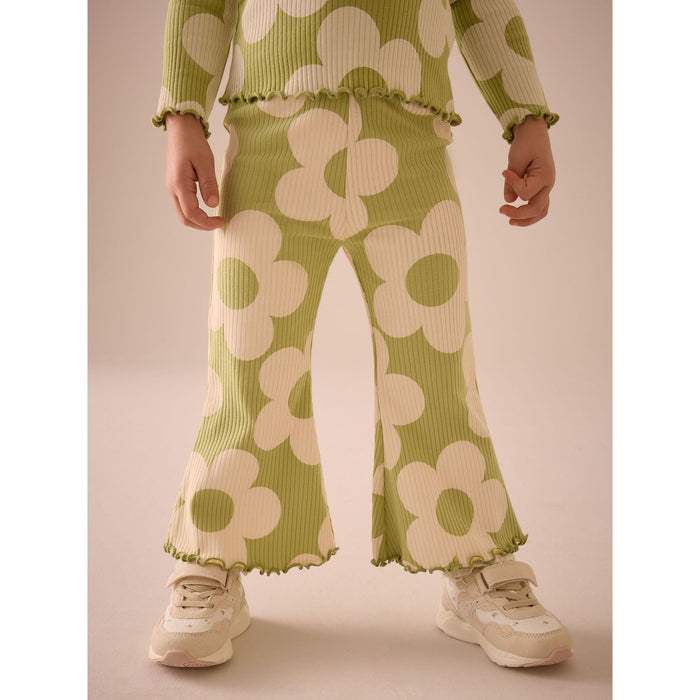 Grön Blomsterprakt – Ribbstickade Flare Leggings för Flickor (3 månader–7 år)